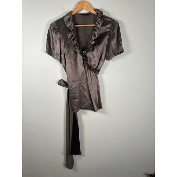 Lafayette 148 Silk Wrap Shirt Bronze Short Sleeve Top Size 8 Side Tie Blouse - Picture 2 of 10